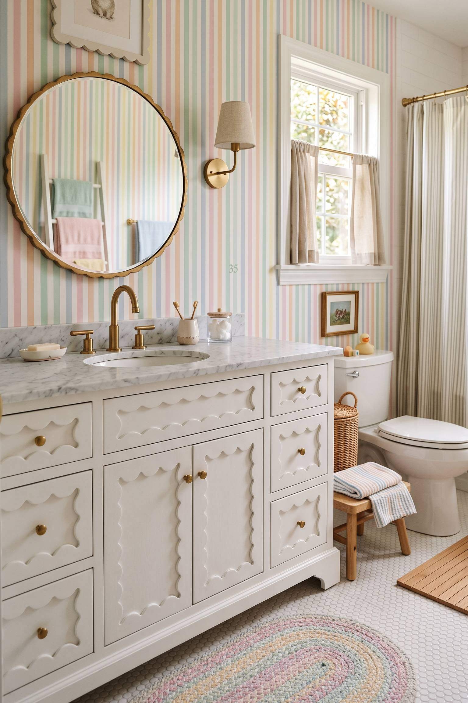A soft pastel rainbow themed bathroom with light pink vanity and arched mirrors.