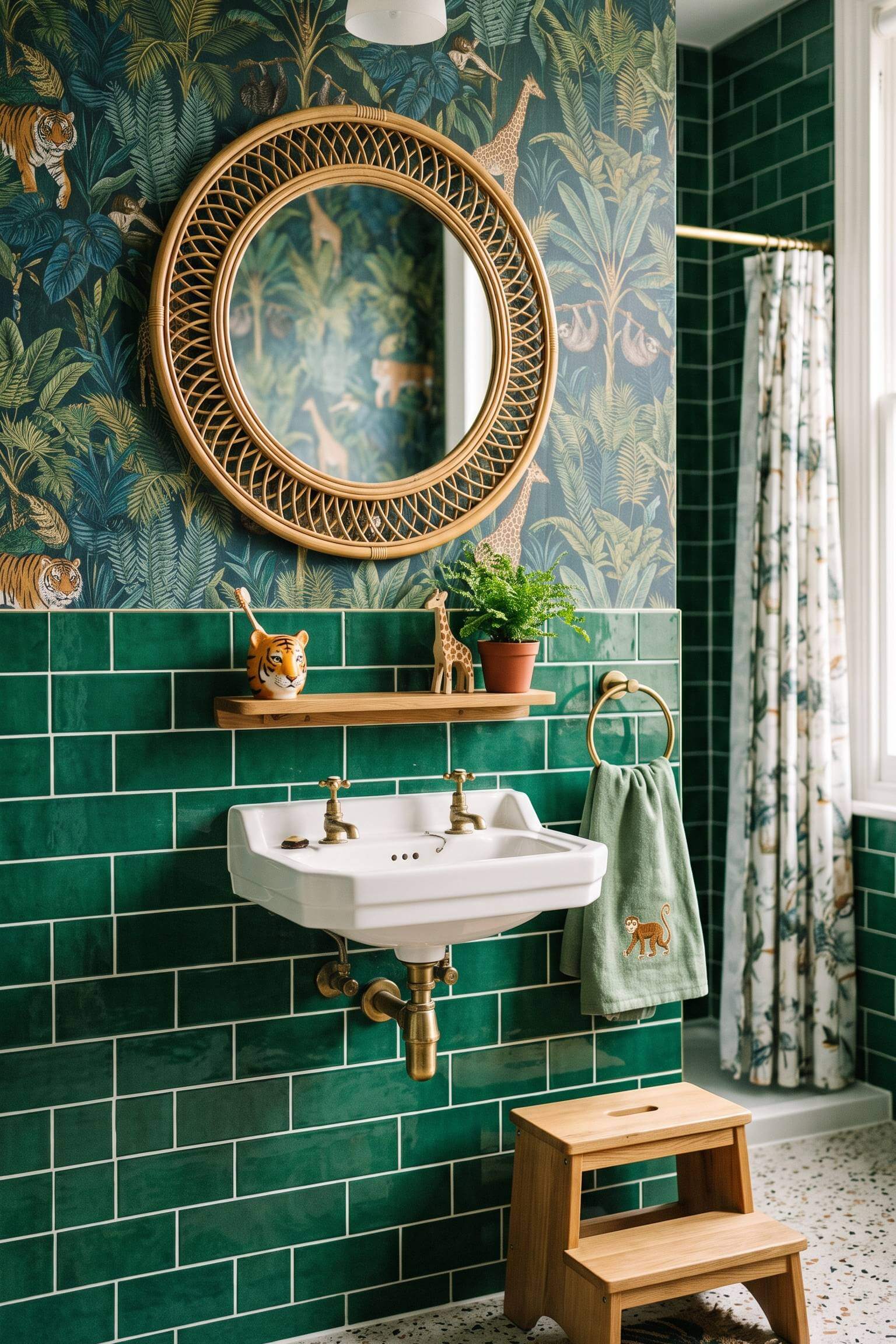 Jungle safari themed bathroom with emerald green tiles and botanical wallpaper.