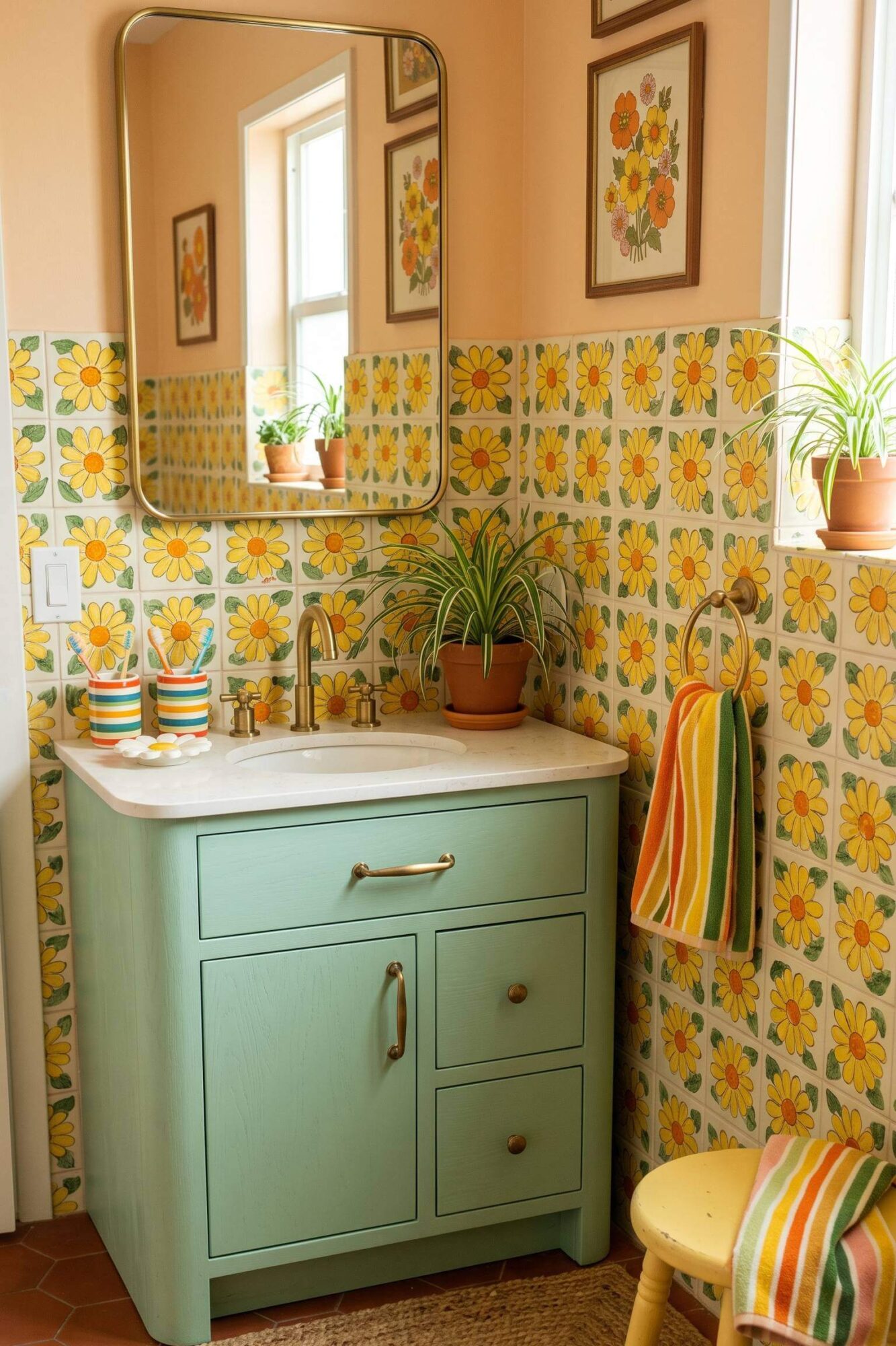 A sunny yellow and white bathroom with geometric floor tiles and brass fixtures.