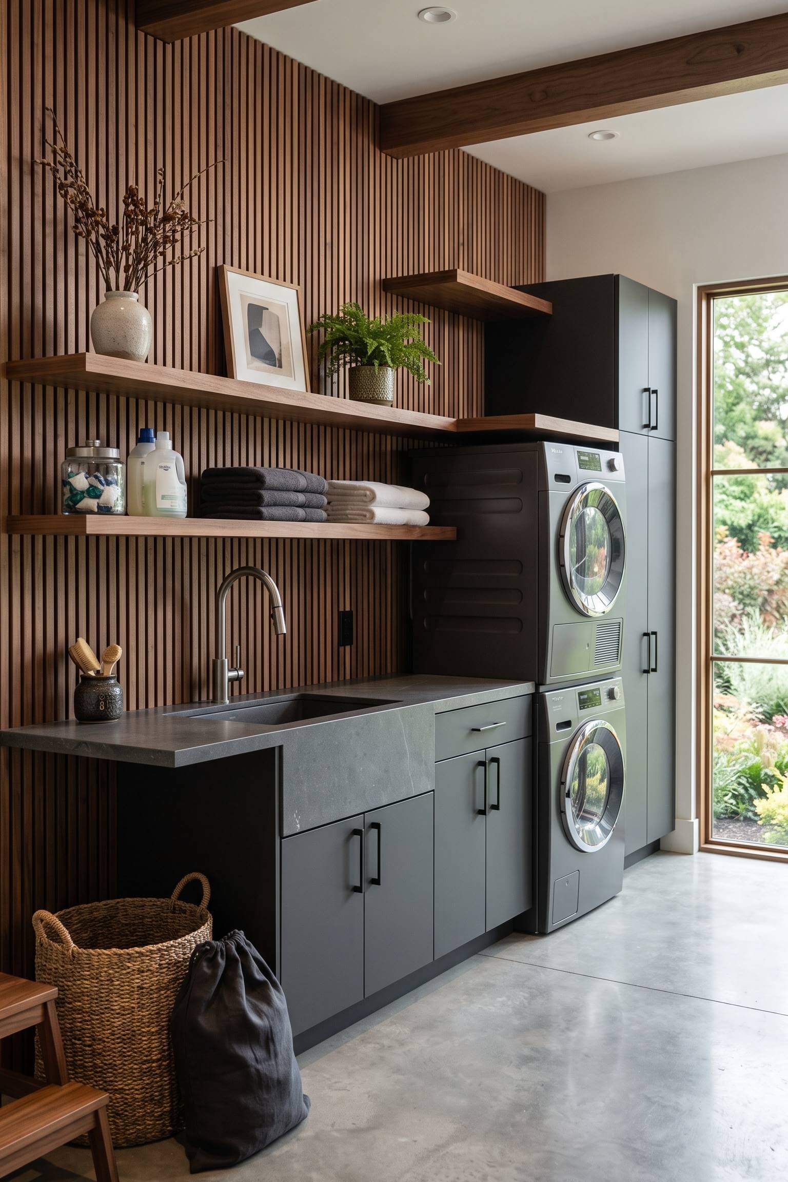 Warm Wood Slatted Dream Laundry Room Ideas