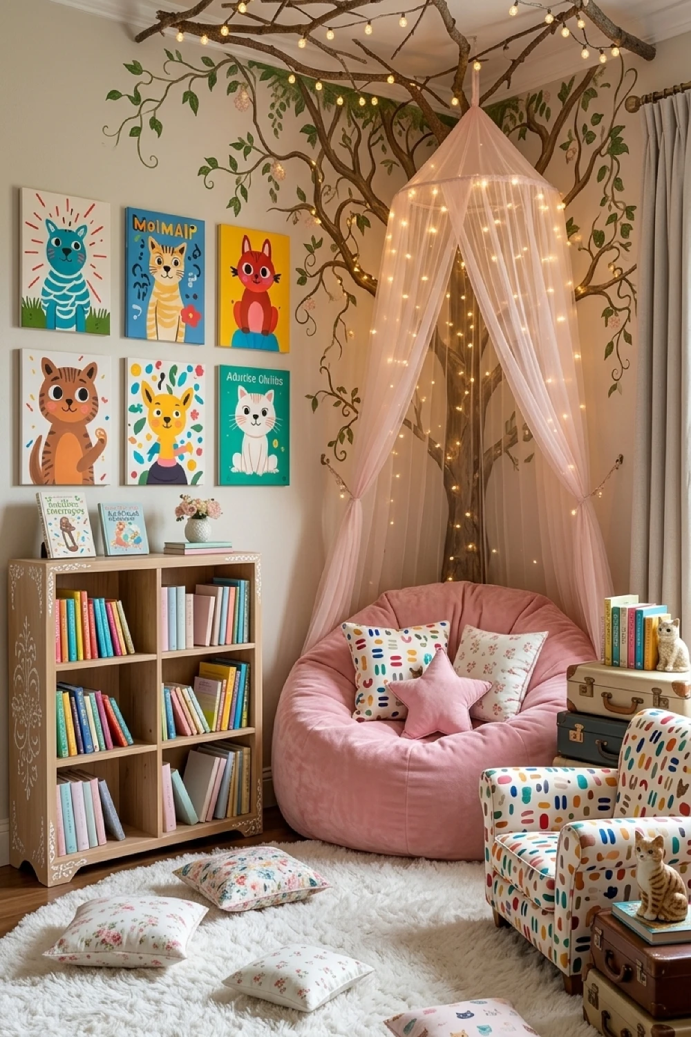 cozy-chairs-for-reading-kids-forest-tree-mural-with-pink-bean-bag.webp