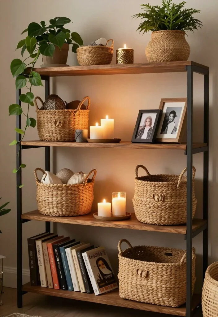 17 Gorgeous Handwoven Basket Display Ideas That Add Boho Charm (Wait Until You See #9!) - 8. Shelf Styling 1