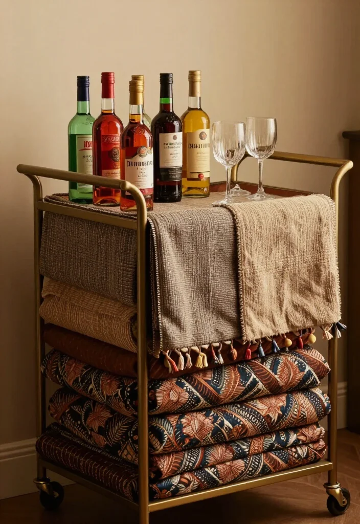 18 Creative Neo Deco Bar Cart Styling Ideas for the Ultimate Home Bar! - 4. Layered Textures with Fabrics 1