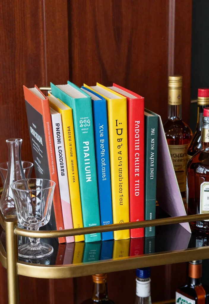 18 Creative Neo Deco Bar Cart Styling Ideas for the Ultimate Home Bar! - 5. A Colorful Cocktail Book Display 1