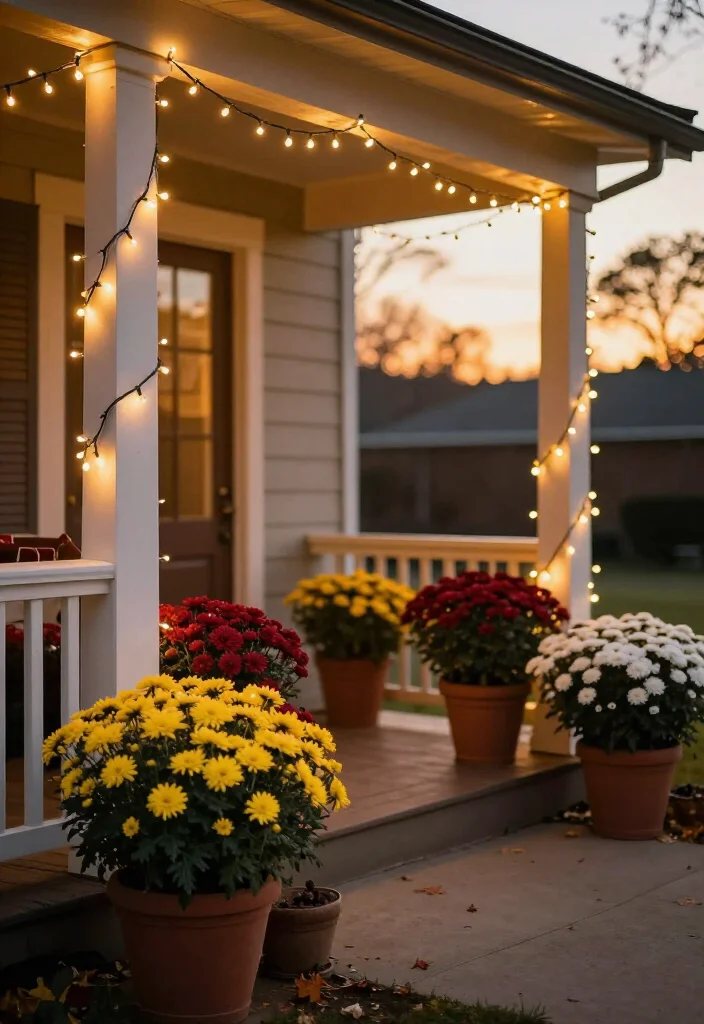 20 Fall Porch Ideas with Mums That Will Bring Seasonal Charm to Your Home! - 10. Decorative String Lights 1