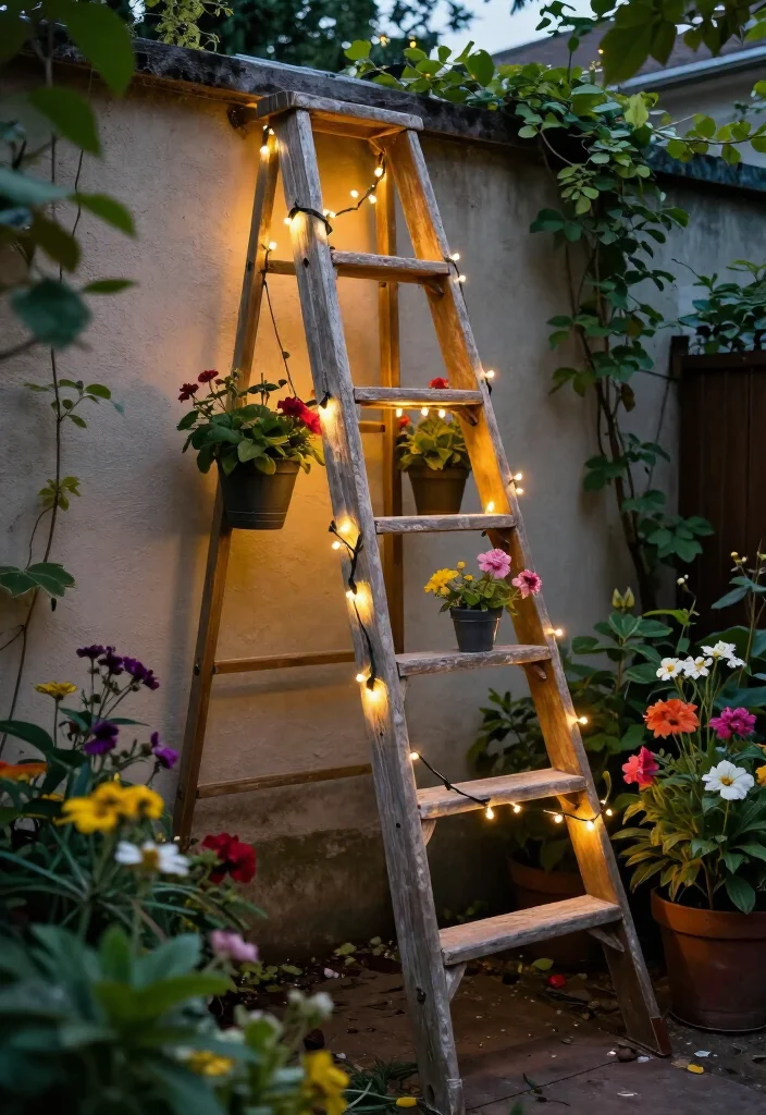 20 Whimsical Fairy Lights Decor Hacks That Will Make Your Garden Shine Bright! - 11. Ladder Displays 1