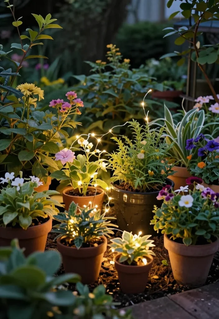 20 Whimsical Fairy Lights Decor Hacks That Will Make Your Garden Shine Bright! - 12. Fairy Lights in Planters 1